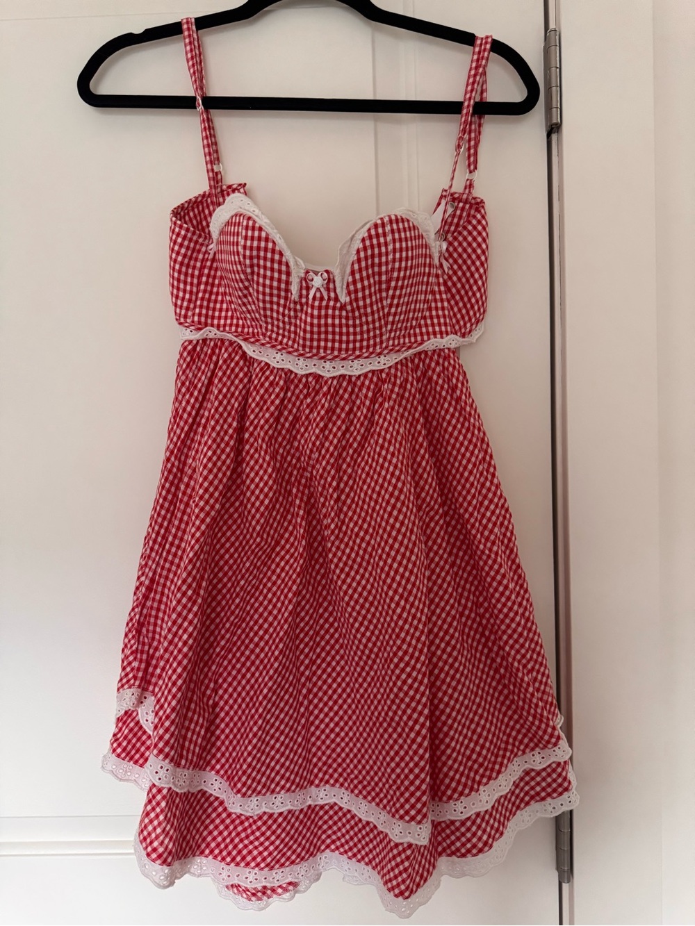 Red Gingham Lace-Trim Mini Dress with Sweetheart Bust